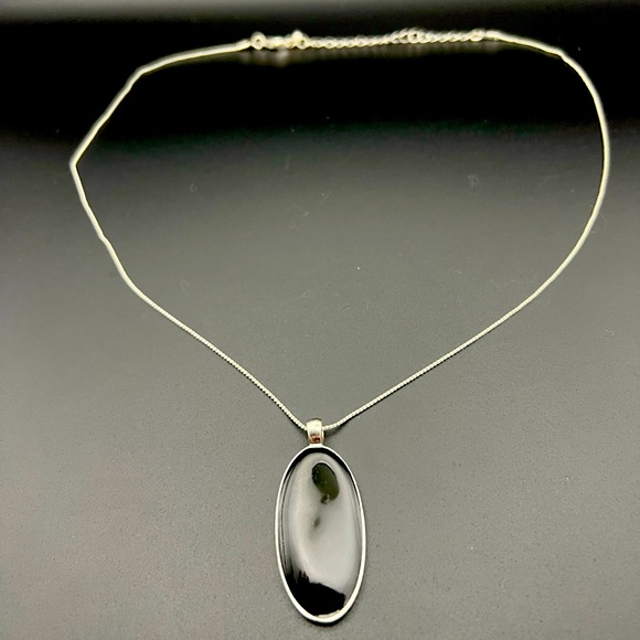 Silver Tone and Black Onyx Style Pendant Necklace - Picture 1 of 3